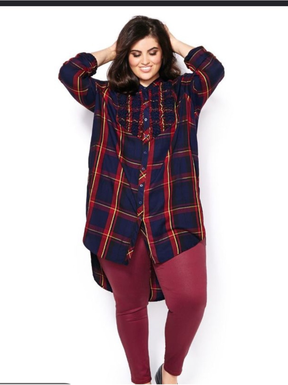 Melissa McCarthy Seven7 Womens 1X Plaid Tunic Shirt Dress Navy Burgundy